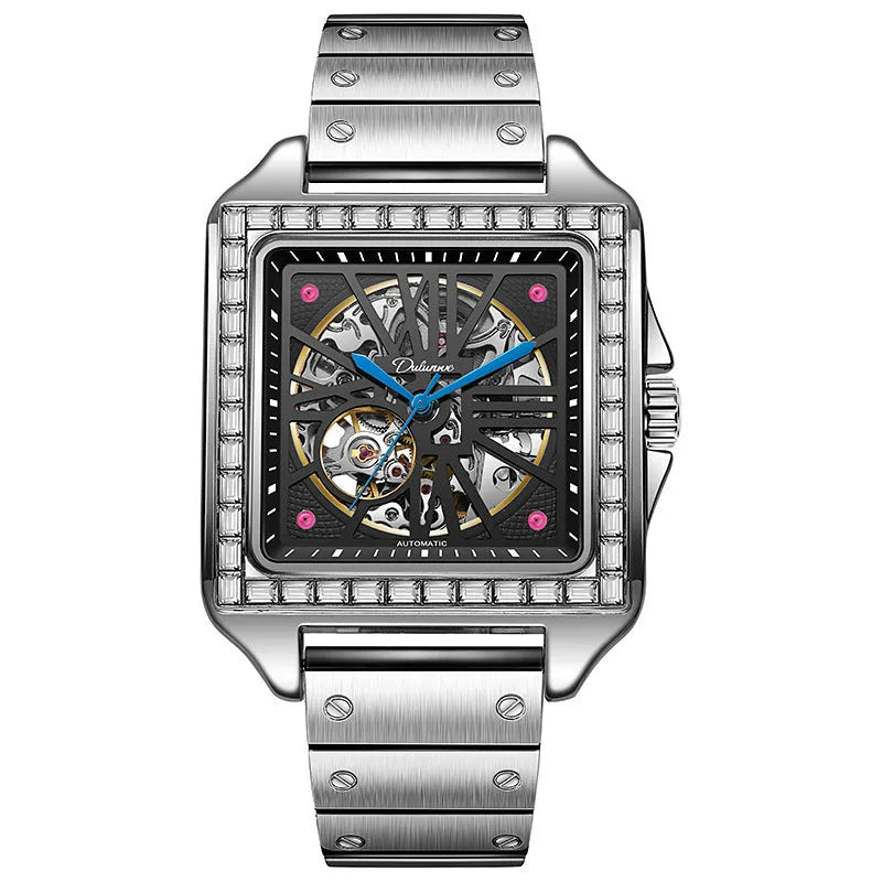Men's square automatic watch with diamond-studded bezel on a stainless steel belt