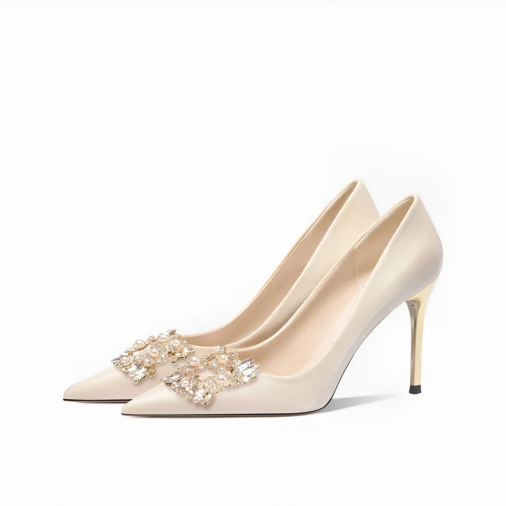 French-style crystal bridal high heels with rhinestones on a cloth upper, available in stiletto or cat heel.