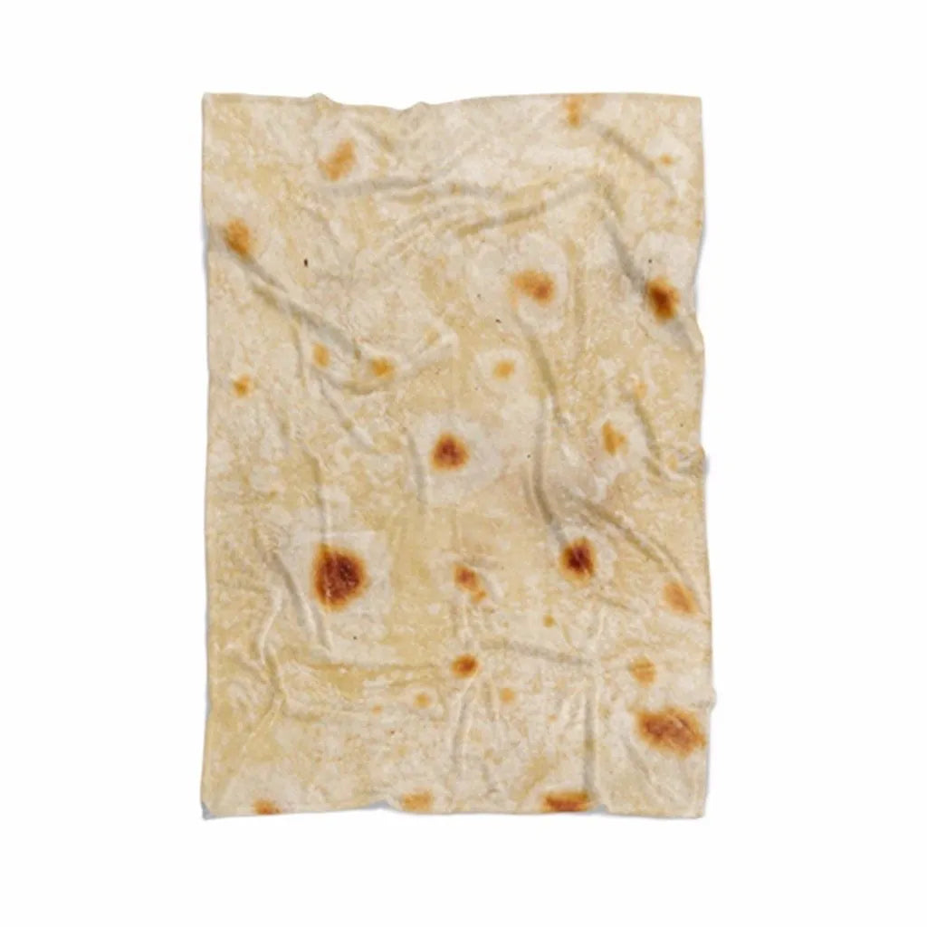 Round and rectangular flannel burrito blankets in various sizes with food-themed print.