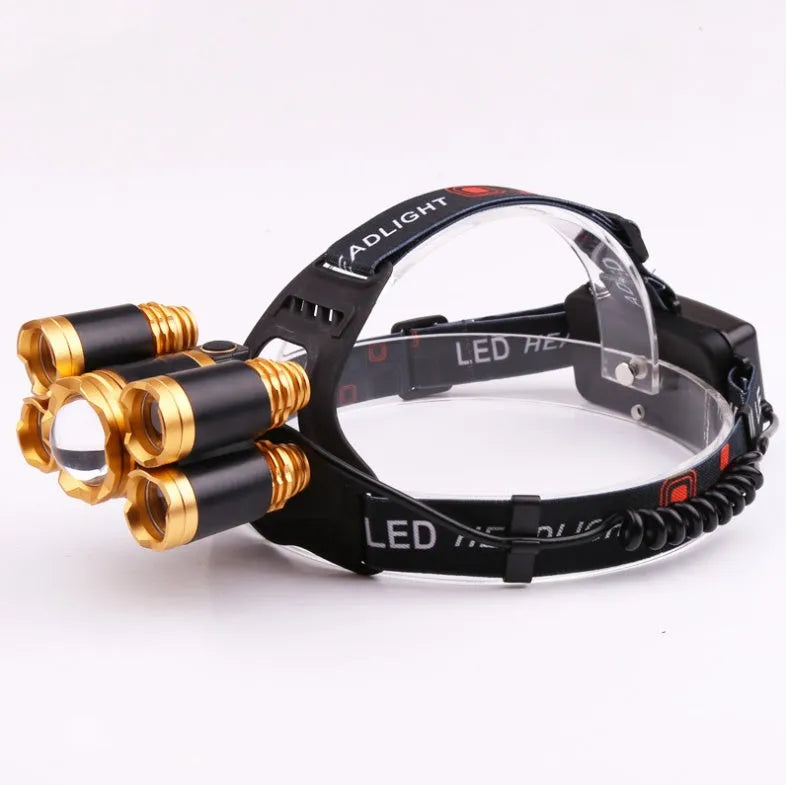 Gold or silver aluminium LED head torch with adjustable focus and tiltable head on a strap