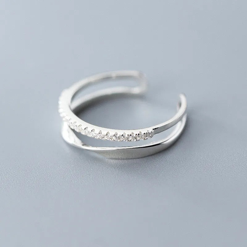 Twisted double row adjustable S925 silver ring for women Korean style