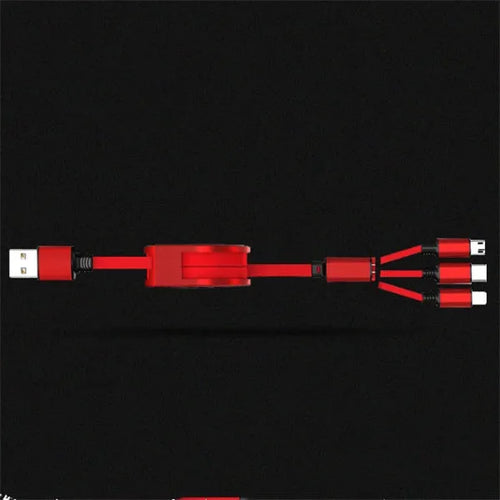 Telescopic charging cable extended to 120 cm with 3-in-1 connectors in multiple colour options