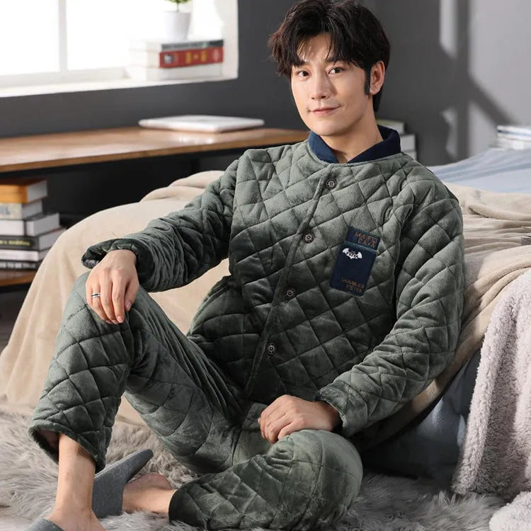 Men's flannel pyjama suit in Army Green, thick long-sleeve top with V-neck and matching trousers