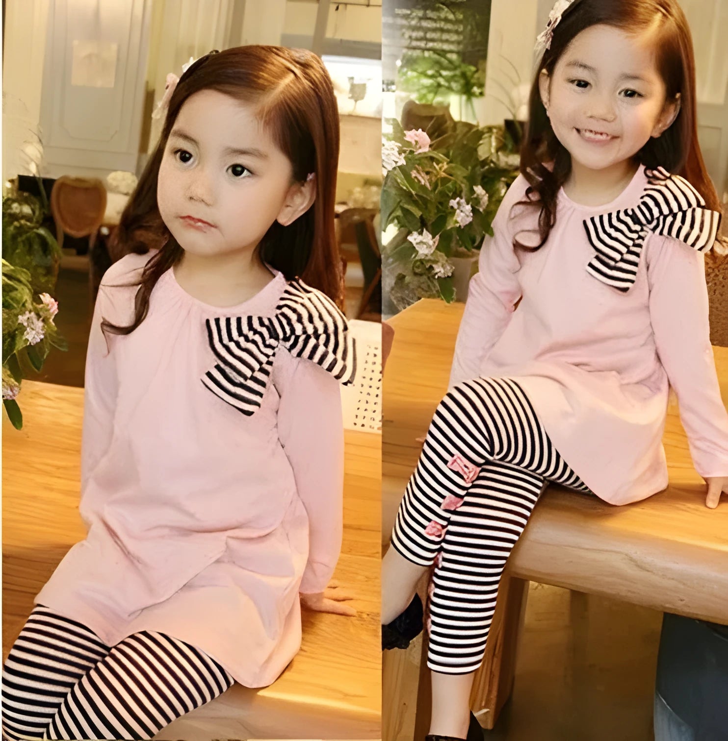 Pink cotton girl clothing set with top and trousers in children's sizes