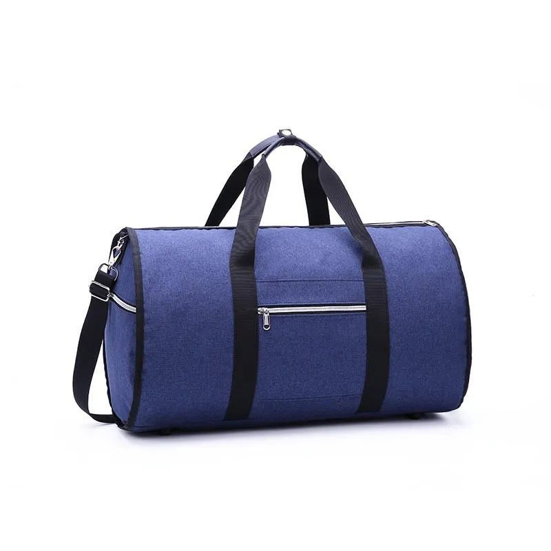 Cylinder-shaped travel bag in Oxford cloth, shown in one of four colours: black, blue, light grey, or red.