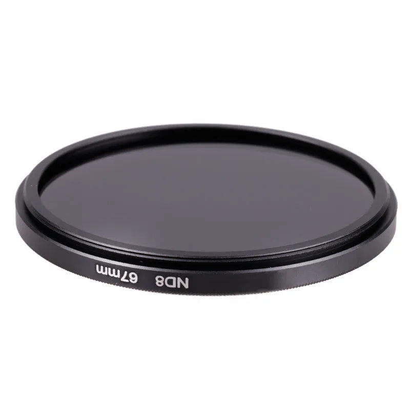 ND8 neutral density camera lens filter with aviation aluminium frame in various thread sizes.