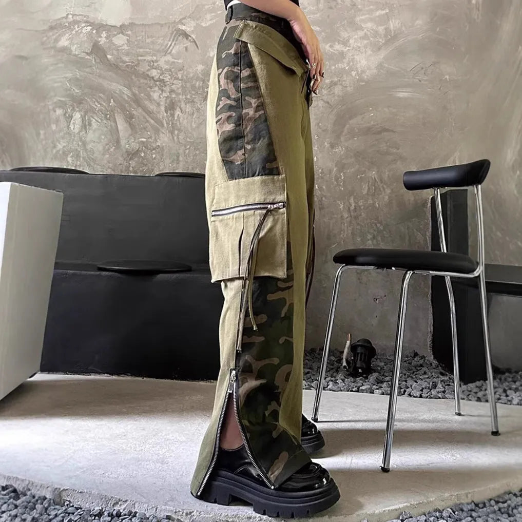 Dark khaki high-waist jeans with a leopard print pattern and tooling-style stitching details on the legs.