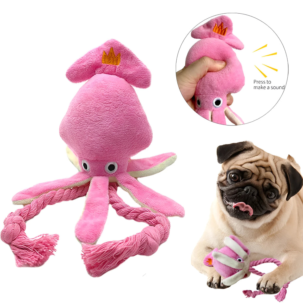 Pink squid-shaped dog chew toy with corduropy fabric, 32cm length with squeaker