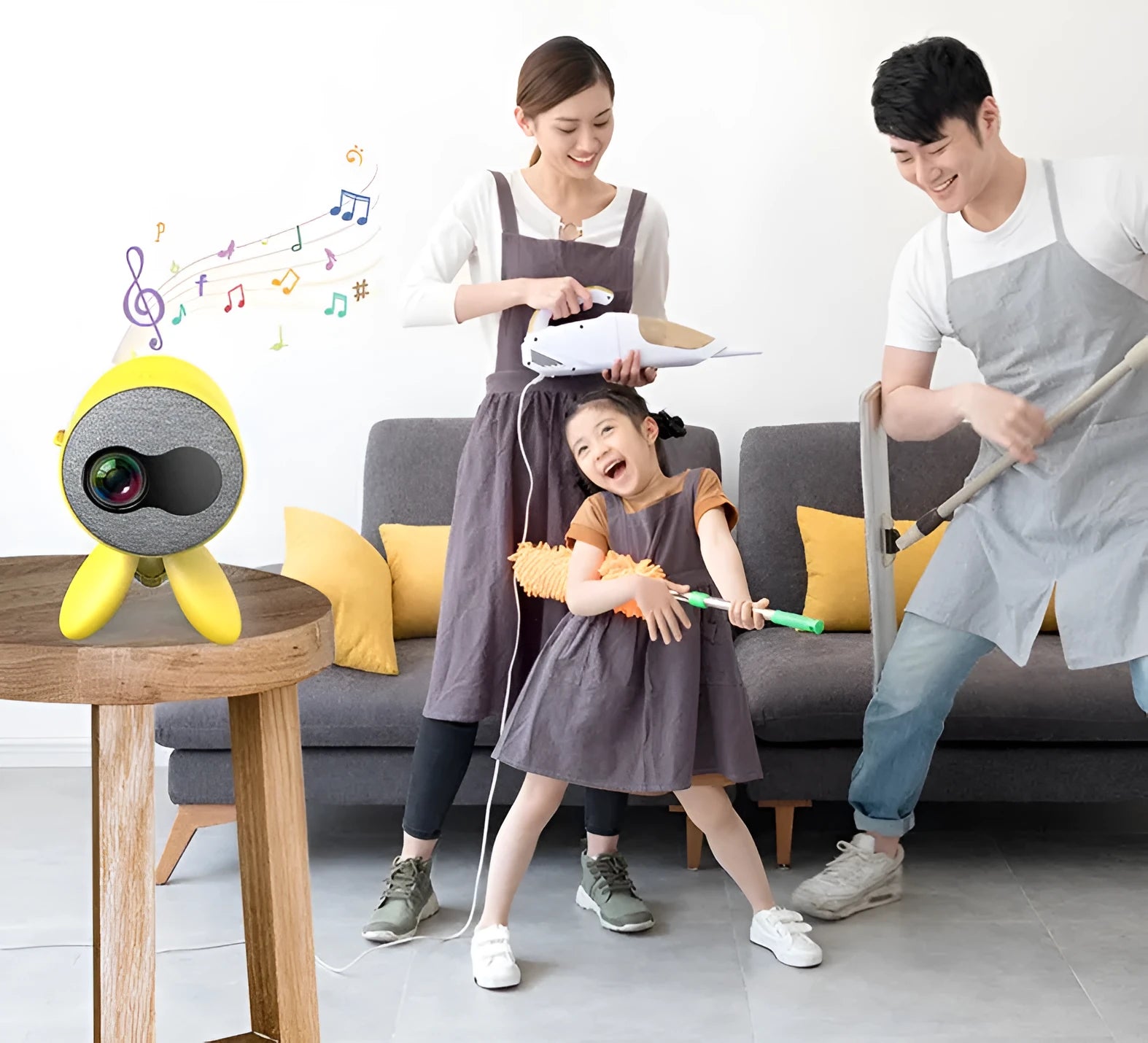 YG220 portable white or yellow LED projector showing 1080P HD projection on a wall