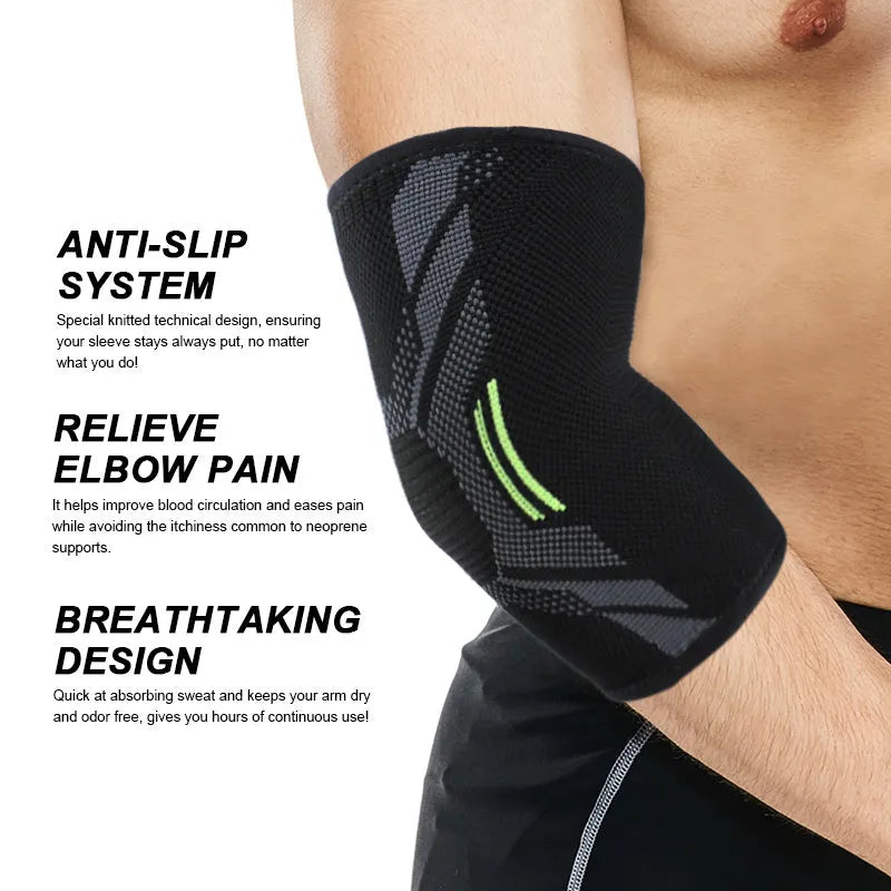Black elbow support compression sleeve with anti-slip knitted design on a person's arm.