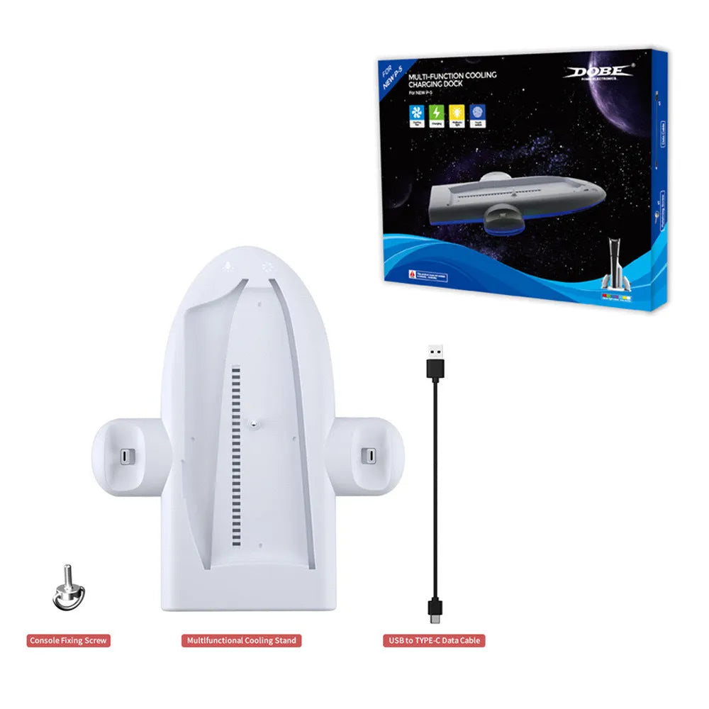 White PS5 Slim cooling pad with RGB lights and charging belt