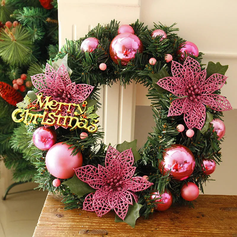 30cm multicolour plastic Christmas wreath in red, gold, silver, blue, pink or purple on a door.