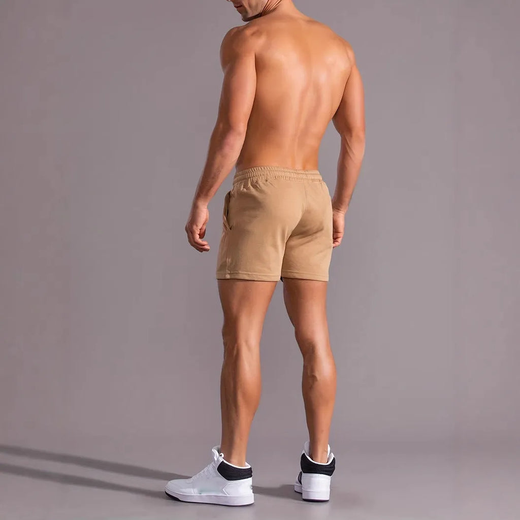 Men's khaki coconut print sports shorts with straight fit and micro elastic polyester fabric