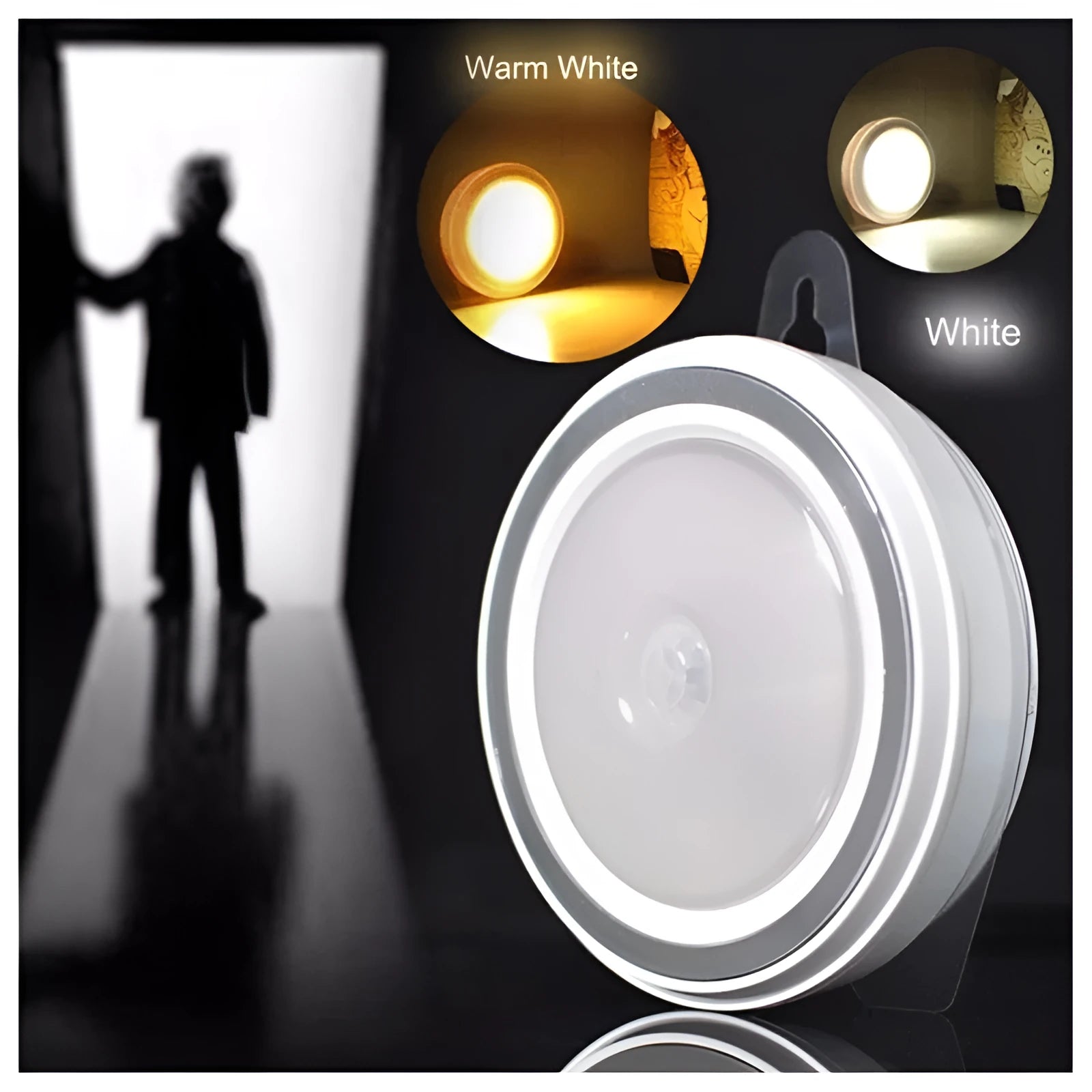 Compact round white motion sensor LED light with infrared sensor for wardrobes and corridors.