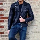 Men's denim look leather jacket in black, polyester blend, front view, sizes S to 3XL
