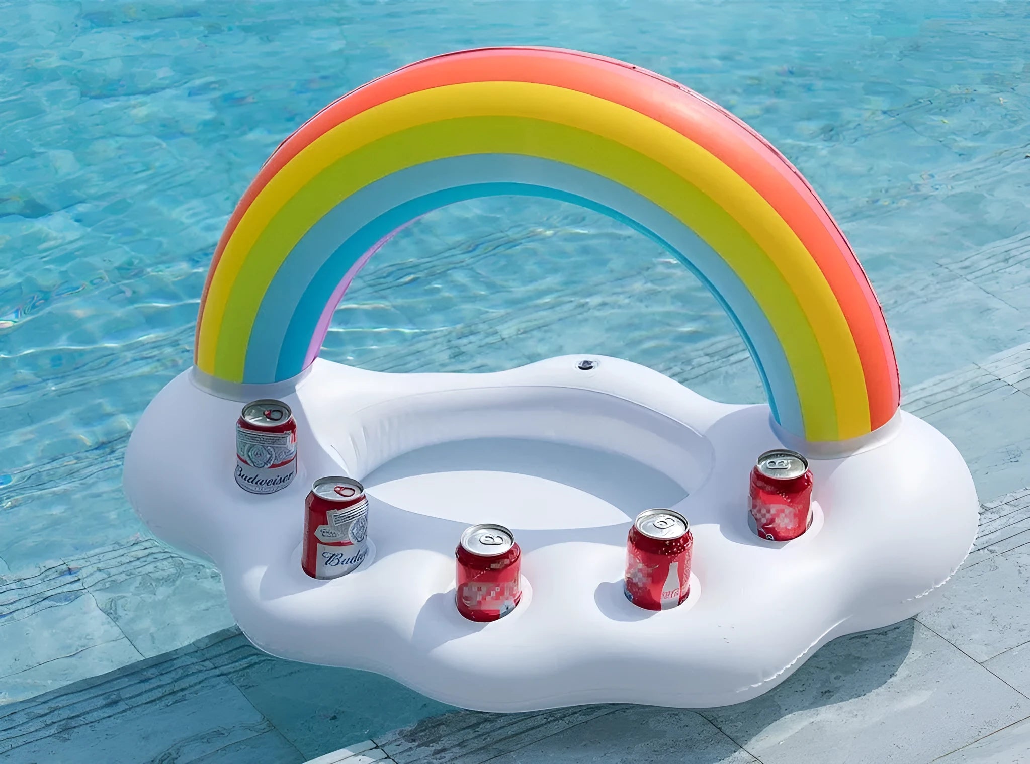 Rainbow cloud shaped inflatable pool float cooler with four cup holders floating on water