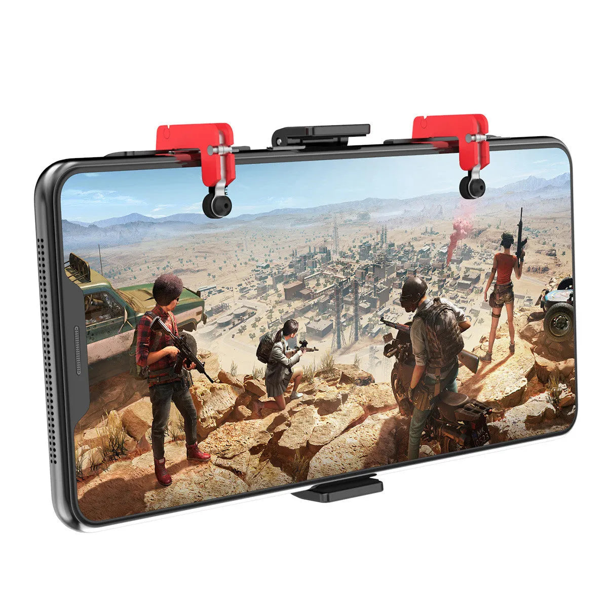 Black mobile phone gaming trigger bracket with adjustable sliding metal trigger and telescopic phone clip