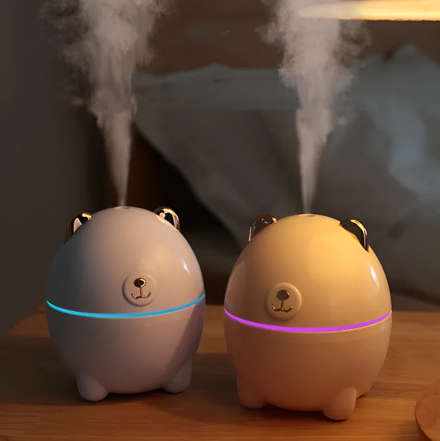 Mini bear humidifier in blue USB-powered compact desktop device 110x95x95mm