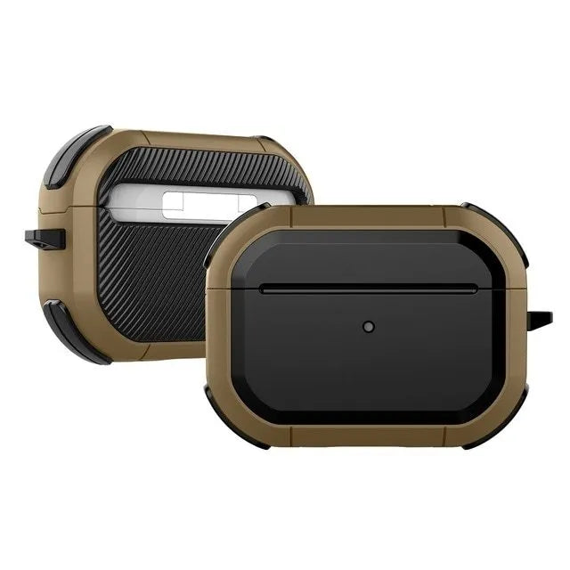 Black TPU and PC protective shell on an AirPods Pro charging case.