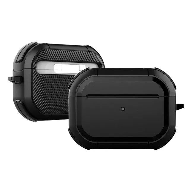 Black TPU and PC protective shell on an AirPods Pro charging case.