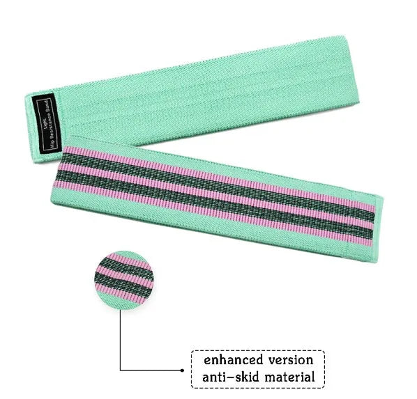 Set of three fabric resistance bands in lake blue, pink, and purple with a mesh storage bag.