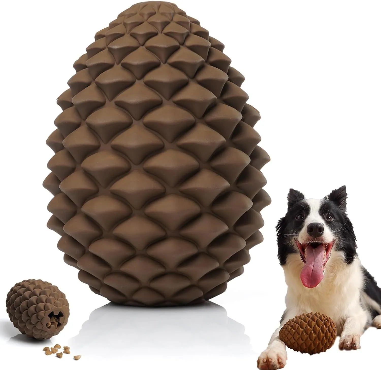 Yellow pine cone shaped natural rubber dog toy with treat dispenser for medium large aggressive chewers