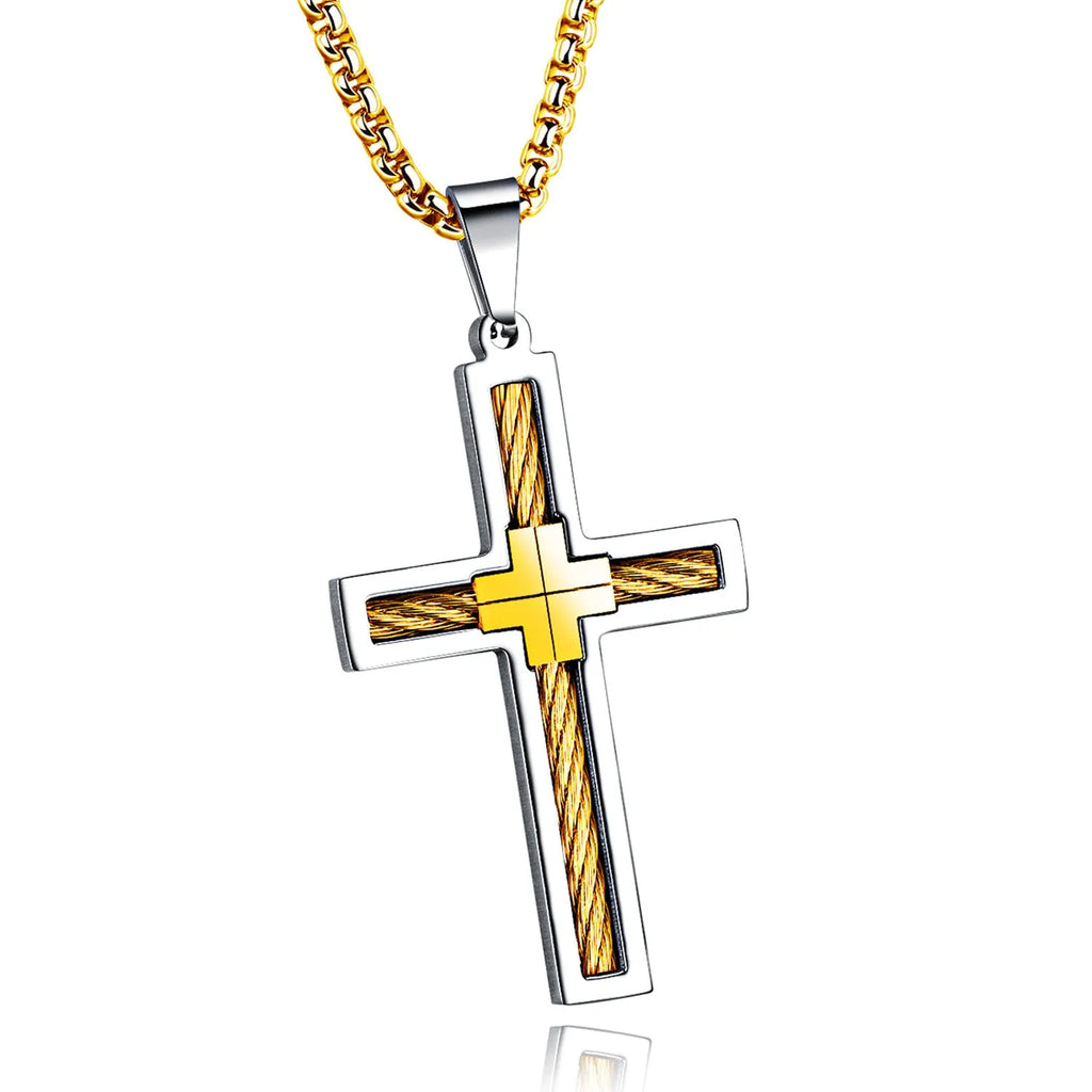 Titanium steel wire cross pendant on a 550mm white steel chain, silver finish, men's necklace