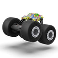 Remote control stunt truck with sponge tires and cool lights on a wooden floor