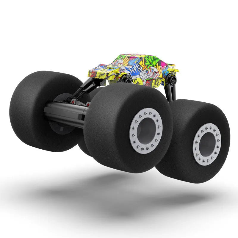 Remote control stunt truck with sponge tires and cool lights on a wooden floor