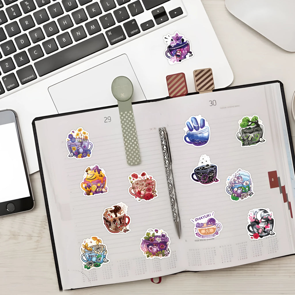 Colourful tea cup graffiti design waterproof stickers, 50-piece pack for scooter and luggage decoration.