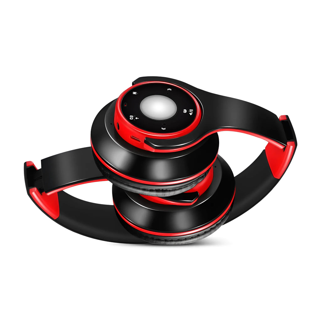 Blue foldable Bluetooth headset with adjustable hinges showing 3.5mm jack and USB port