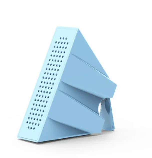 A portable black ABS plastic mobile phone amplifier bracket holding an iPhone.