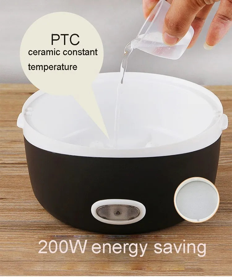 White electric lunch box with USB port showing 190mm dimensions and dual capacity options