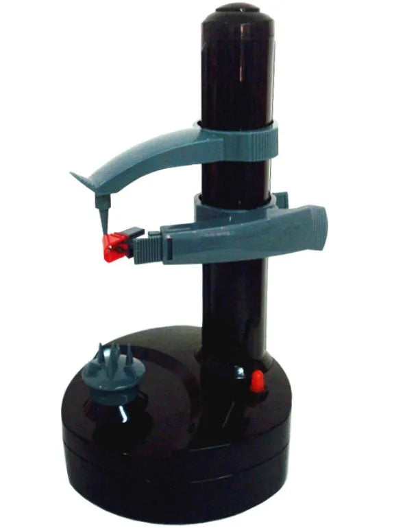 Multifunction electric peeler with stainless steel blades, white body, and non-slip base on a kitchen worktop