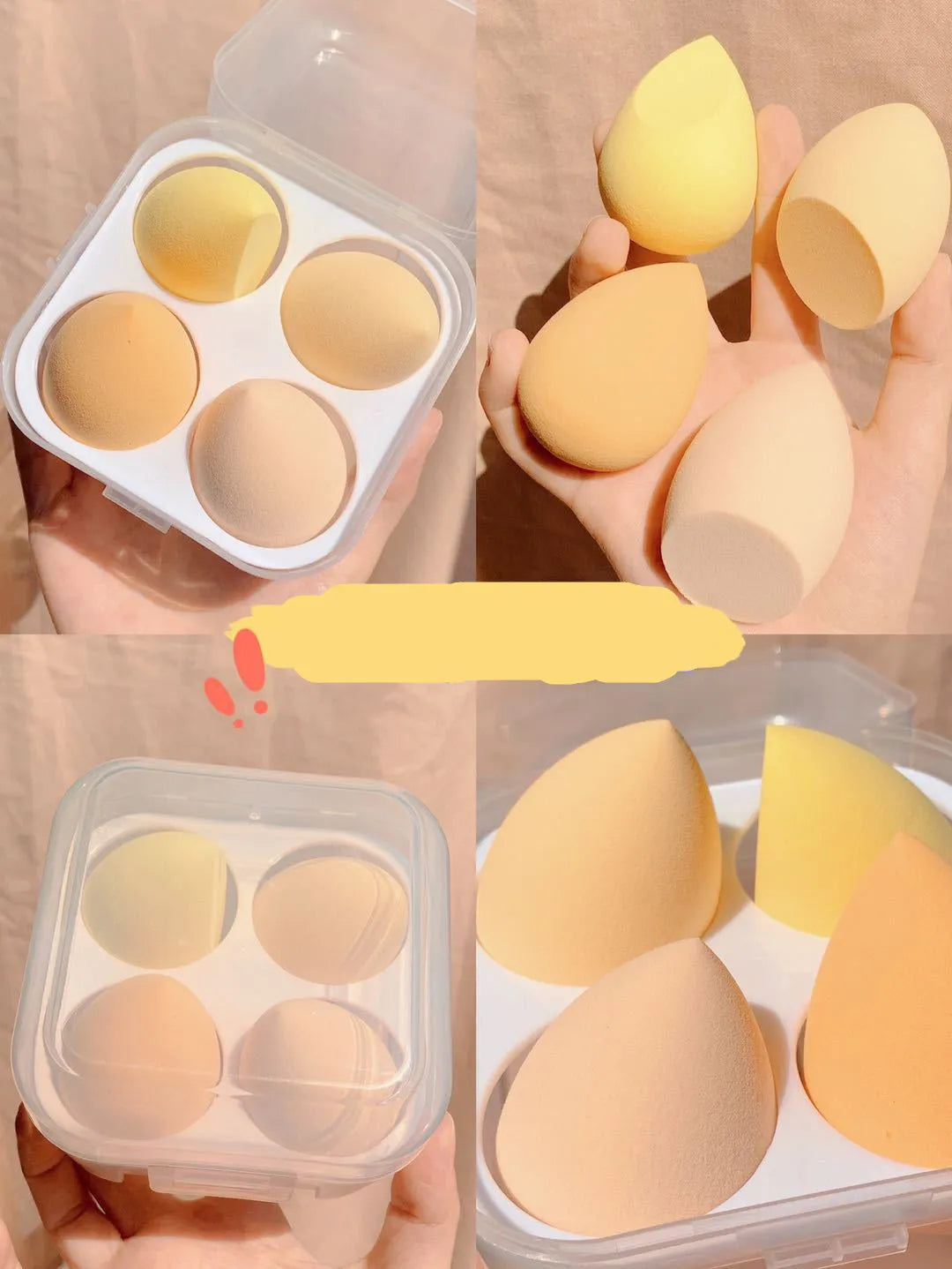 Four egg-shaped makeup sponges in grape, mango, mint, and peach colours arranged together