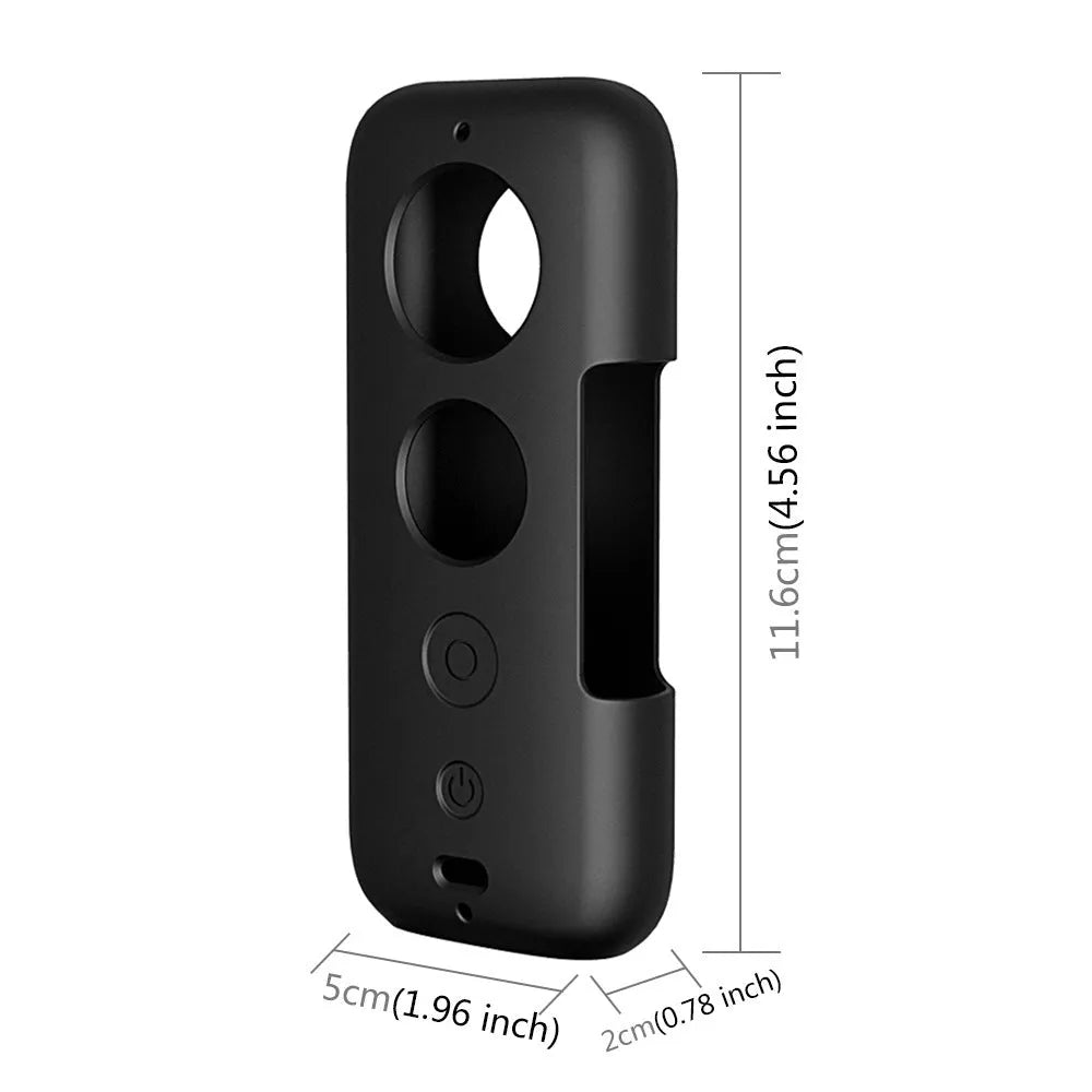 Black silicone protective case for Insta360 ONE X camera showing precise port cutouts