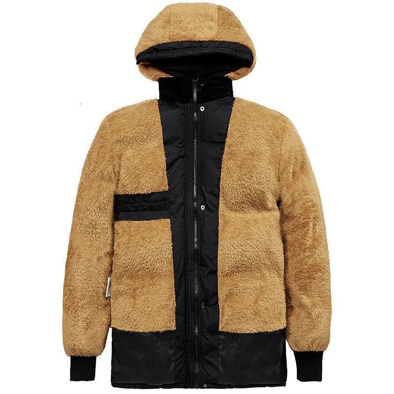 Black men's hooded winter padded jacket with velvet lining and double-breasted front.
