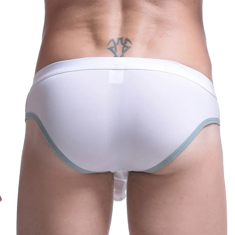 Men's thin ice silk bazooka briefs in multiple colours on a mid waist model.