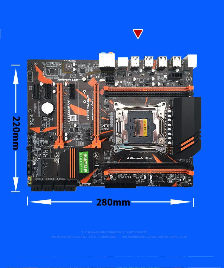 Black Intel X99 LGA2011-3 ATX motherboard with four DDR4 slots, dual PCI-E x16, and M.2 interface.