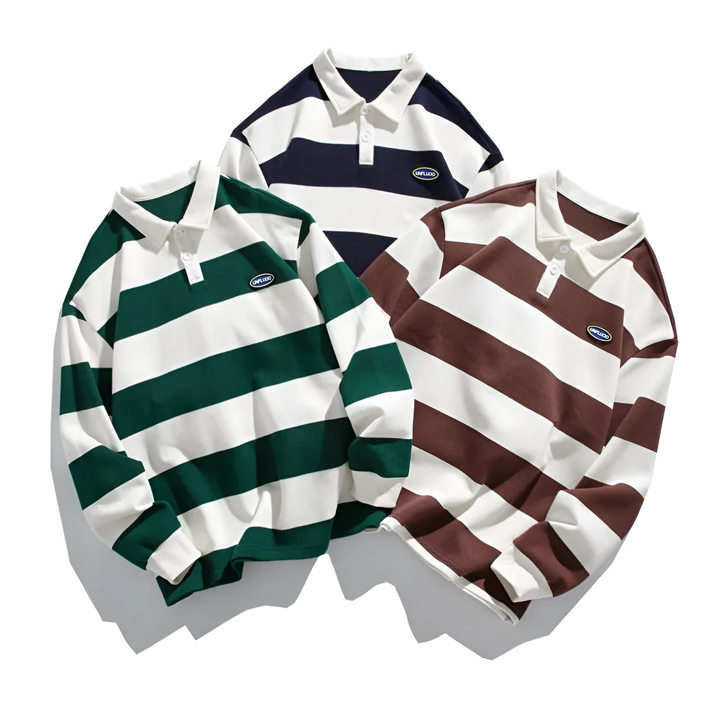 Striped pearl cotton polo shirt with lapel collar in loose fit for autumn wear