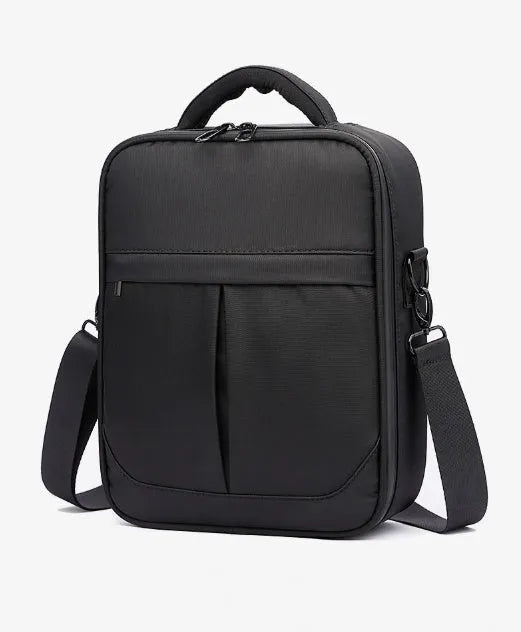 Black Oxford fabric men's messenger bag with shoulder strap showing dimensions