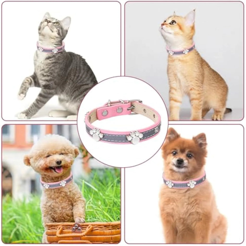 Reflective adjustable PU leather dog collar with metal paw rivet, shown on a size chart for S, M, L, XL, XXL.