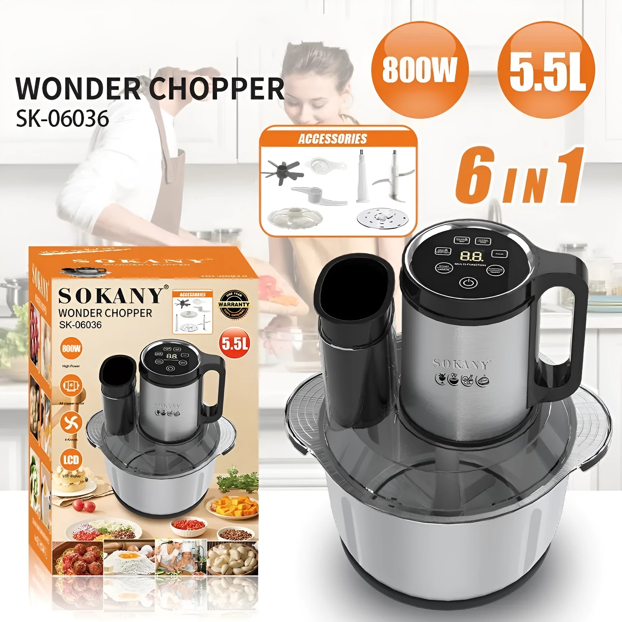 Stainless steel meat grinder with 5L capacity bowl and adjustable speed controls