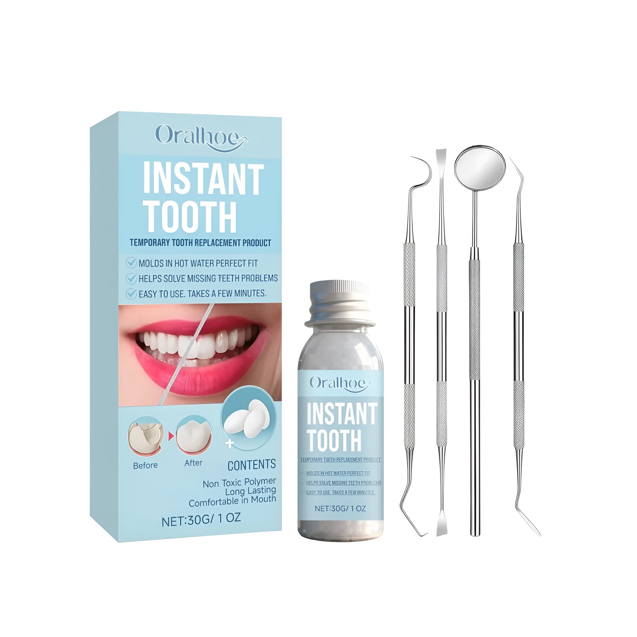 Temporary dental restoration kit with 30g tube and five dental tools arranged on a white background