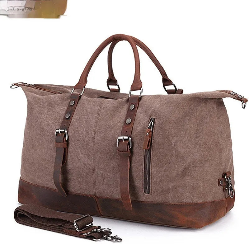 Canvas travel messenger shoulder bag with Crazy Horse leather trim, large capacity 36-55L, retro style, khaki colour
