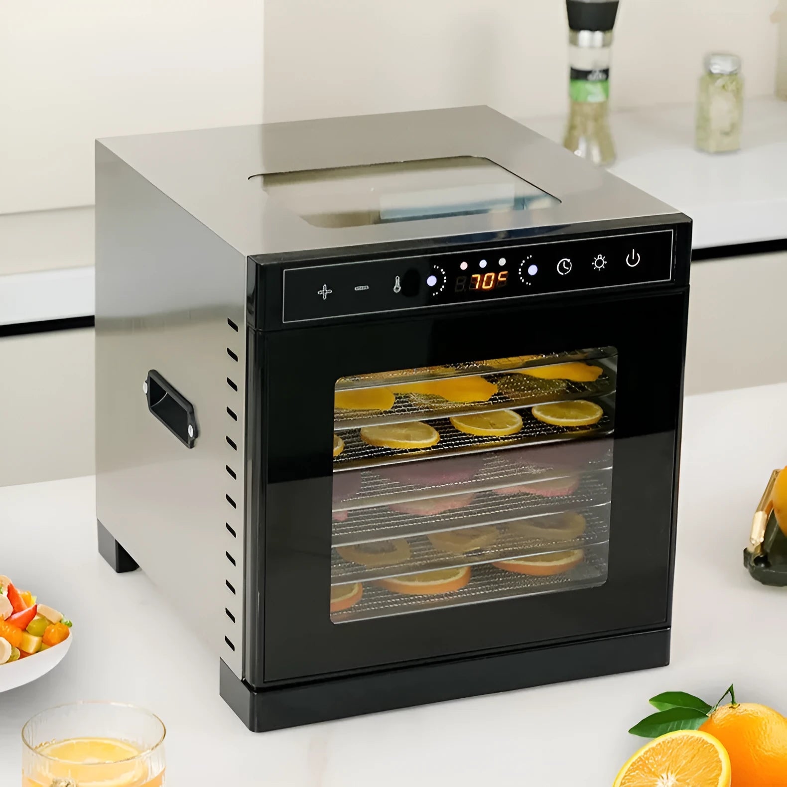 Stainless steel fruit dehydrator with visual skylight window showing food drying inside