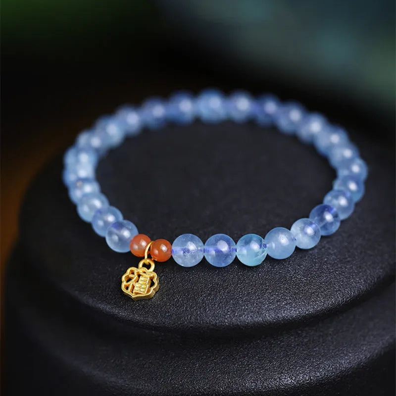 Women's natural ice transparent aquamarine crystal blessing card bracelet with 8mm round beads.