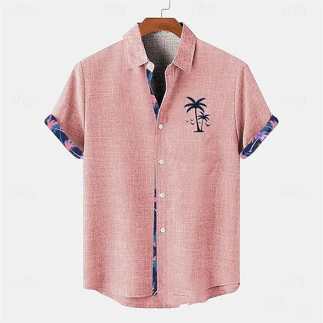 Loose fit linen short sleeve casual shirt showcasing an ocean fish pattern detail on the lapel.