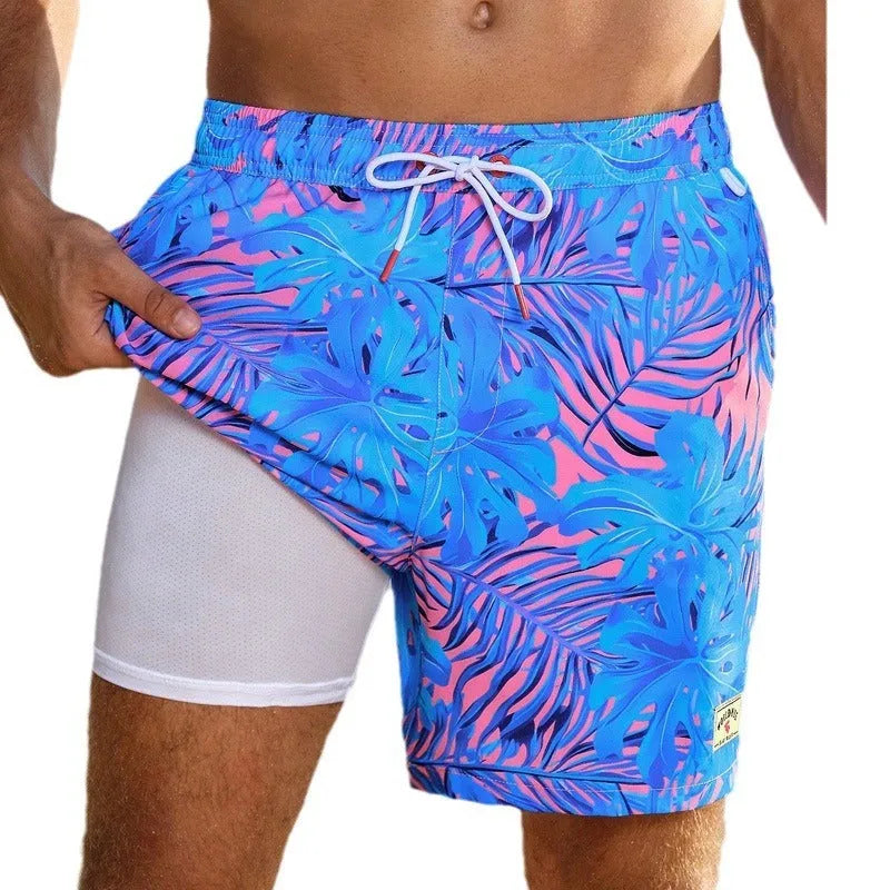Men's loose fit quick-drying swimming trunks in various floral patterns and solid colours