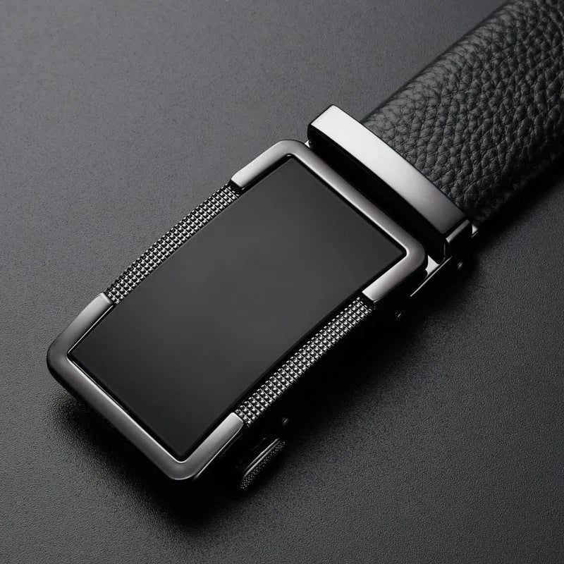 Men's leather belt with an automatic comfort click buckle in gun black, silver, or gold colour